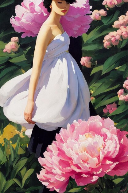 Young woman wearing long white dress walking among big pink peony flowers romantic style