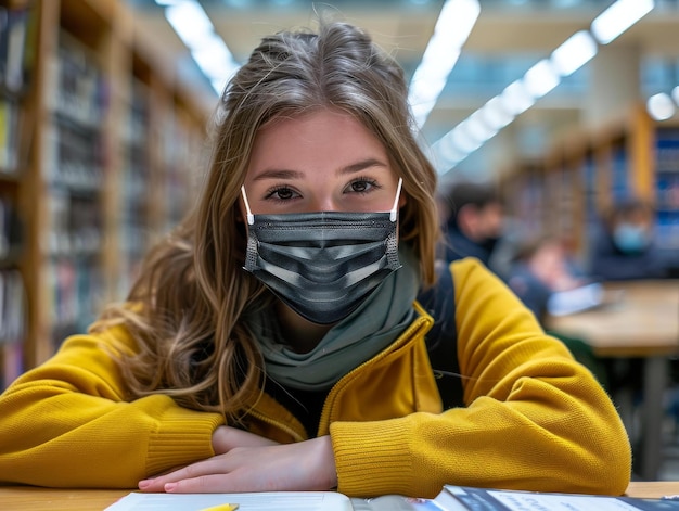 Photo young woman wearing a mask in a library