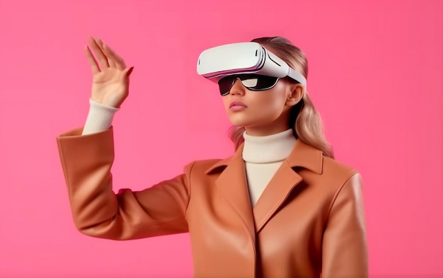 Фото Молодая женщина в современных очках виртуальной реальности vr, указывая пальцем на деловую встречу