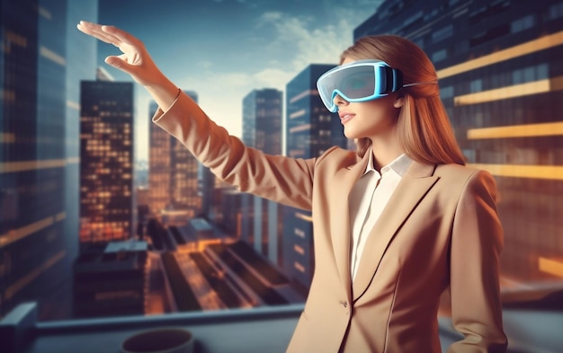 Foto giovane donna che indossa occhiali moderni per la realtà virtuale vr puntando il dito incontro di lavoro