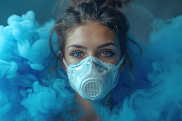 보호 마스크 를 착용 한 젊은 여성 은 통제 된 환경 에서 파란색 연기 에 둘러싸여 있다