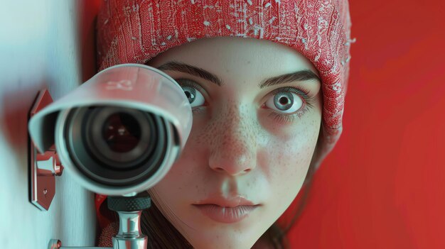 A young woman wearing a red beanie looks at a security camera