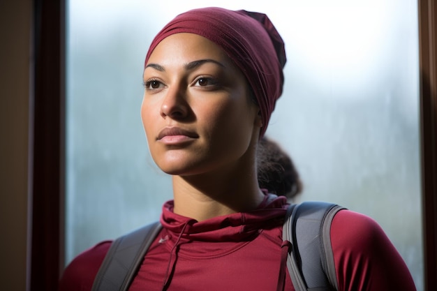 Photo a young woman wearing a red beanie and a red sweatshirt looking out a window