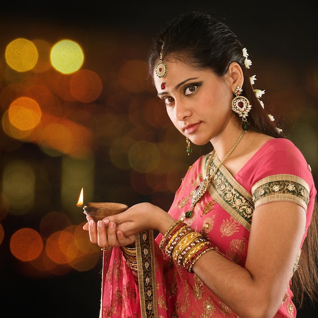 Young woman wearing red sari while holding diya during diwali at night