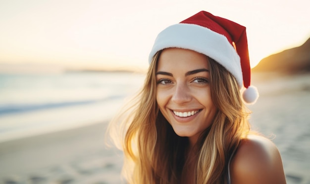 A young woman wearing a santa hat on a beautiful beach christmas holiday and vacation concept