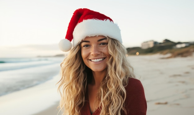 아름다운 해변에서 산타 모자를 입은 젊은 여성 크리스마스 휴일과 휴가 개념