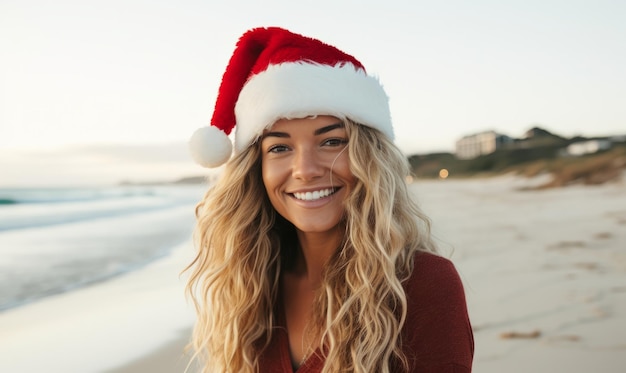 A young woman wearing a santa hat on a beautiful beach christmas holiday and vacation concept