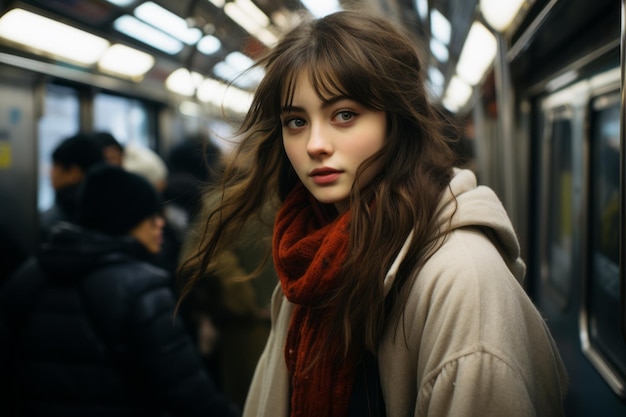 a young woman wearing a scarf on a subway train