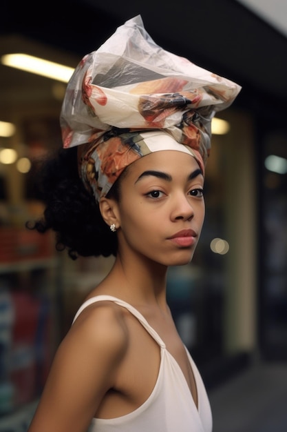 Photo a young woman wearing a shopping bag on her head created with generative ai