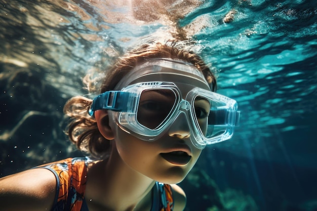 Foto giovane donna che indossa attrezzature per lo snorkeling sott'acqua lo sfondo sott'acqua di una donna che fa snorkeling e freediving generato da ai