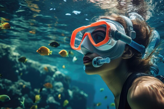 Young woman wearing snorkeling gear underwater Underwater background of a woman snorkeling and doing freediving Ai generated