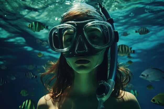 Photo young woman wearing snorkeling gear underwater underwater background of a woman snorkeling and doing freediving ai generated