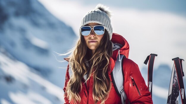 Young woman wearing sunglasses and ski equipment in ski resort on Matterhorn winter holiday