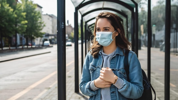 Young woman wearing surgical mask outdoor at bus stop in the street