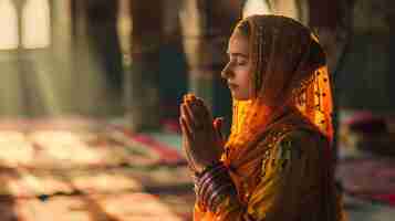 Photo a young woman wearing a traditional headscarf is praying with her eyes closed