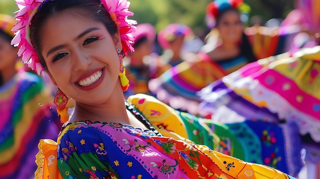 A young woman wearing a traditional Mexican dress smiles happily She is surrounded by colorful flowers and has a flower in her hair