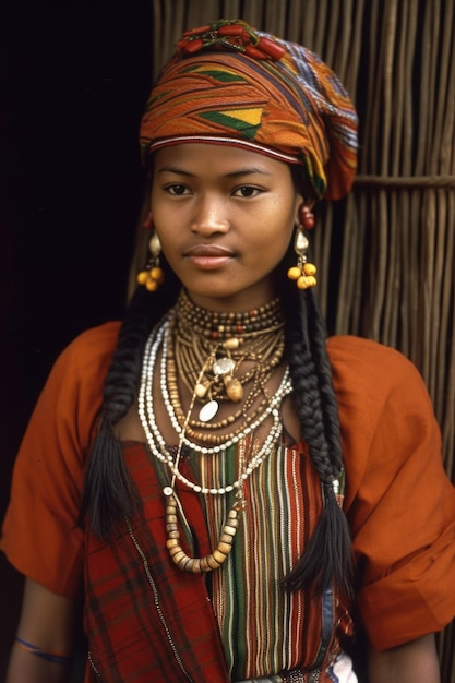 A young woman wearing traditional tribal clothing created with generative ai