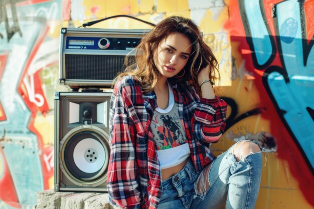 A young woman wearing a vintage flannel shirt and highwaisted jeans posing in front of a boombox