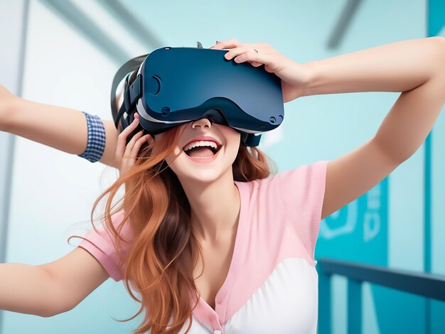 Young woman wearing virtual reality device