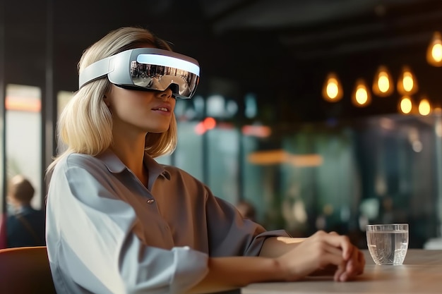 Young woman wearing virtual reality glasses