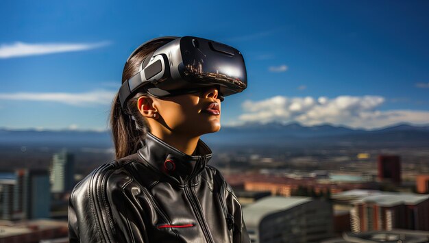 Young woman wearing virtual reality goggles against the background of the city