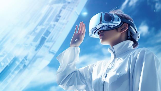 Young woman wearing virtual reality goggles against blue sky background