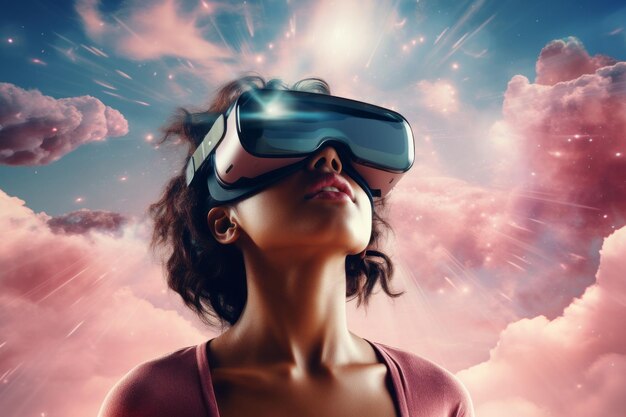 Young woman wearing virtual reality goggles against cloudy sky background