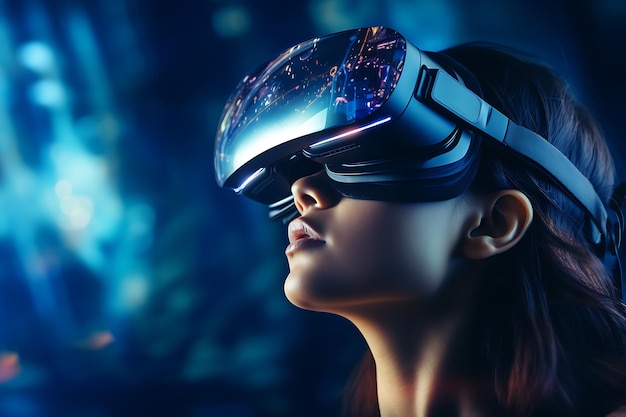 Молодая женщина в очках виртуальной реальности на черном фоне 3D-рендеринг