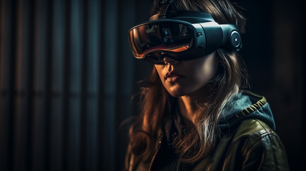Young woman wearing virtual reality goggles Future technology and entertainment conceptgenerative ai