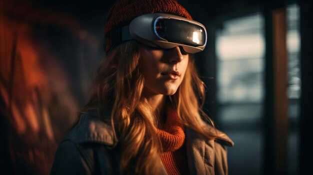 Young woman wearing virtual reality goggles Future technology and entertainment conceptgenerative ai