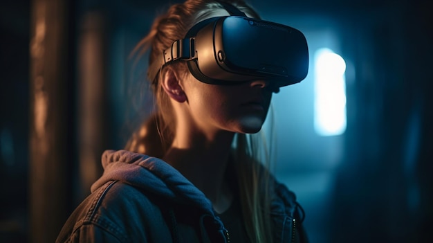 Young woman wearing virtual reality goggles Future technology and entertainment conceptgenerative ai