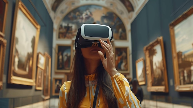 Foto giovane donna che indossa un auricolare di realtà virtuale in un museo d'arte sta guardando un dipinto di una donna con un orecchino di perle