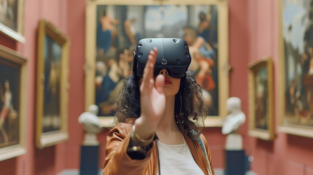 Photo young woman wearing a virtual reality headset and exploring an art gallery she is amazed by the experience and is reaching out to touch a painting