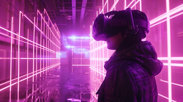 Young woman wearing a virtual reality headset and exploring a digital world