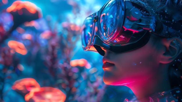 Photo a young woman wearing a virtual reality headset is exploring an underwater world