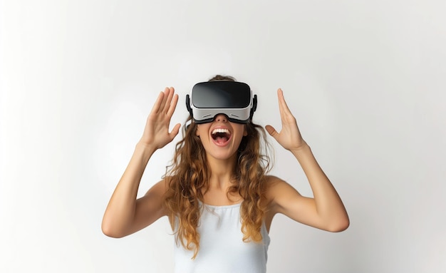 Photo young woman wearing virtual reality headset on white background