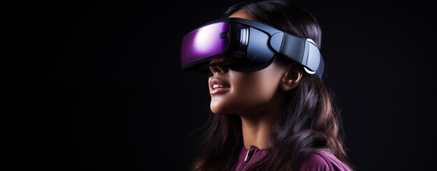 A young woman wearing a virtual reality vr headset on a black background Copy space for text