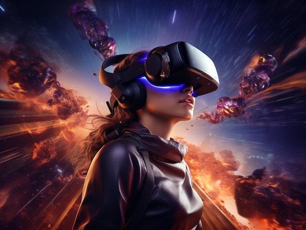 A young woman wearing a virtual reality vr headset on a imaginative actionpacked spacescapes