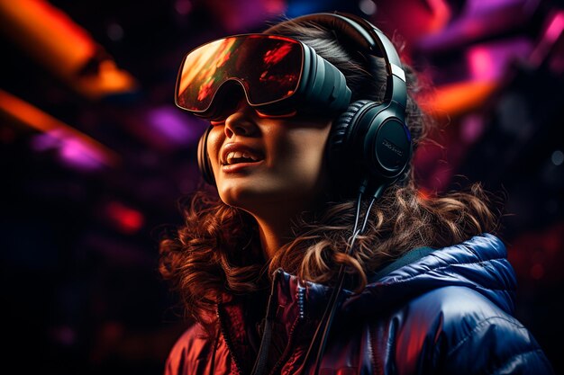 Photo young woman wearing vr glasses