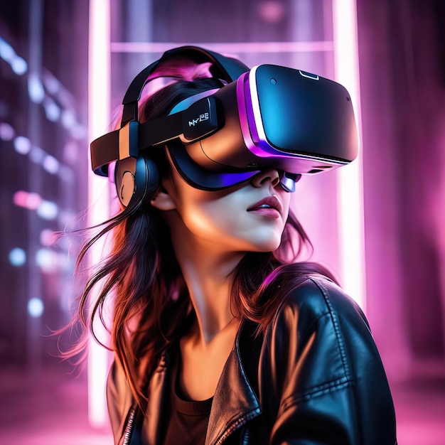 VR 안경을 쓴 젊은 여자가상 현실 속의 여성 VR