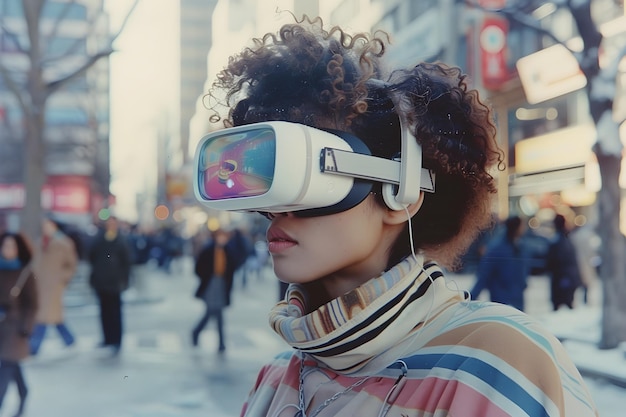 A Young Woman Wearing a VR Headset Walking in the City