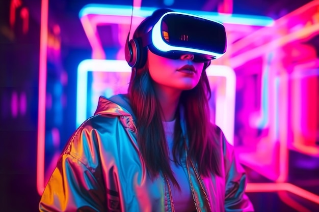 Young woman wearing vrglasses with neon lights effect or with neon background