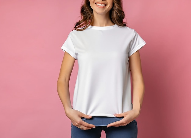 ピンクの背景に白いシャツのモックアップを着た若い女性