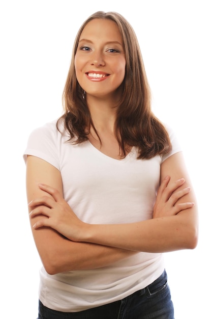 Young woman wearing white tshirt studio shot