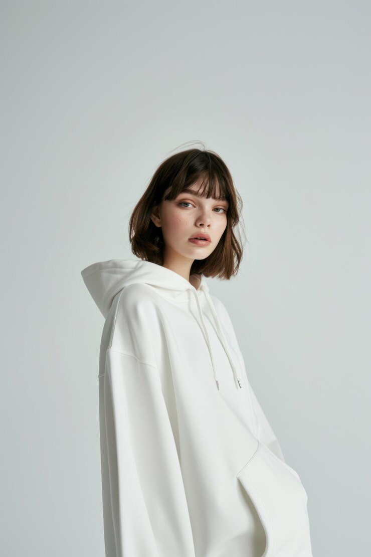 Photo 若い女性が白いフーディを着ているモックアップ写真ポートレートファッション