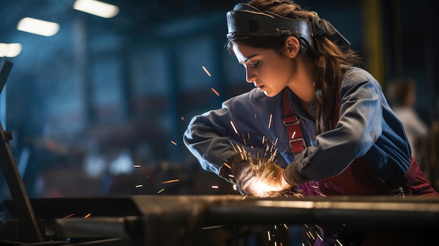 Young woman welding in factory