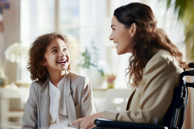 Photo a young woman in a wheelchair is chatting sweetly with her little daughter