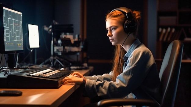 A young woman in a wheelchair sits in front of her computer on a desk with headphones