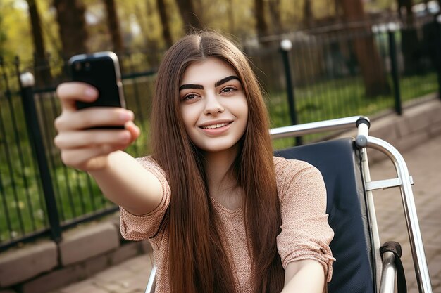 A young woman in a wheelchair taking a selfie outdoors created with generative ai