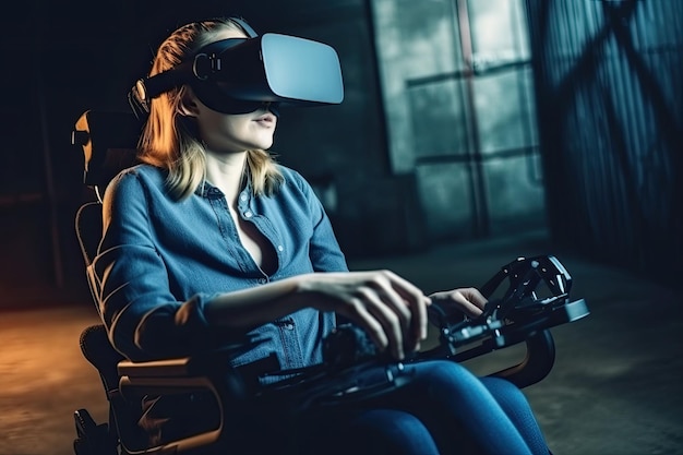 Молодая женщина в инвалидной коляске с помощью гарнитуры виртуальной реальности Генеративный ИИ